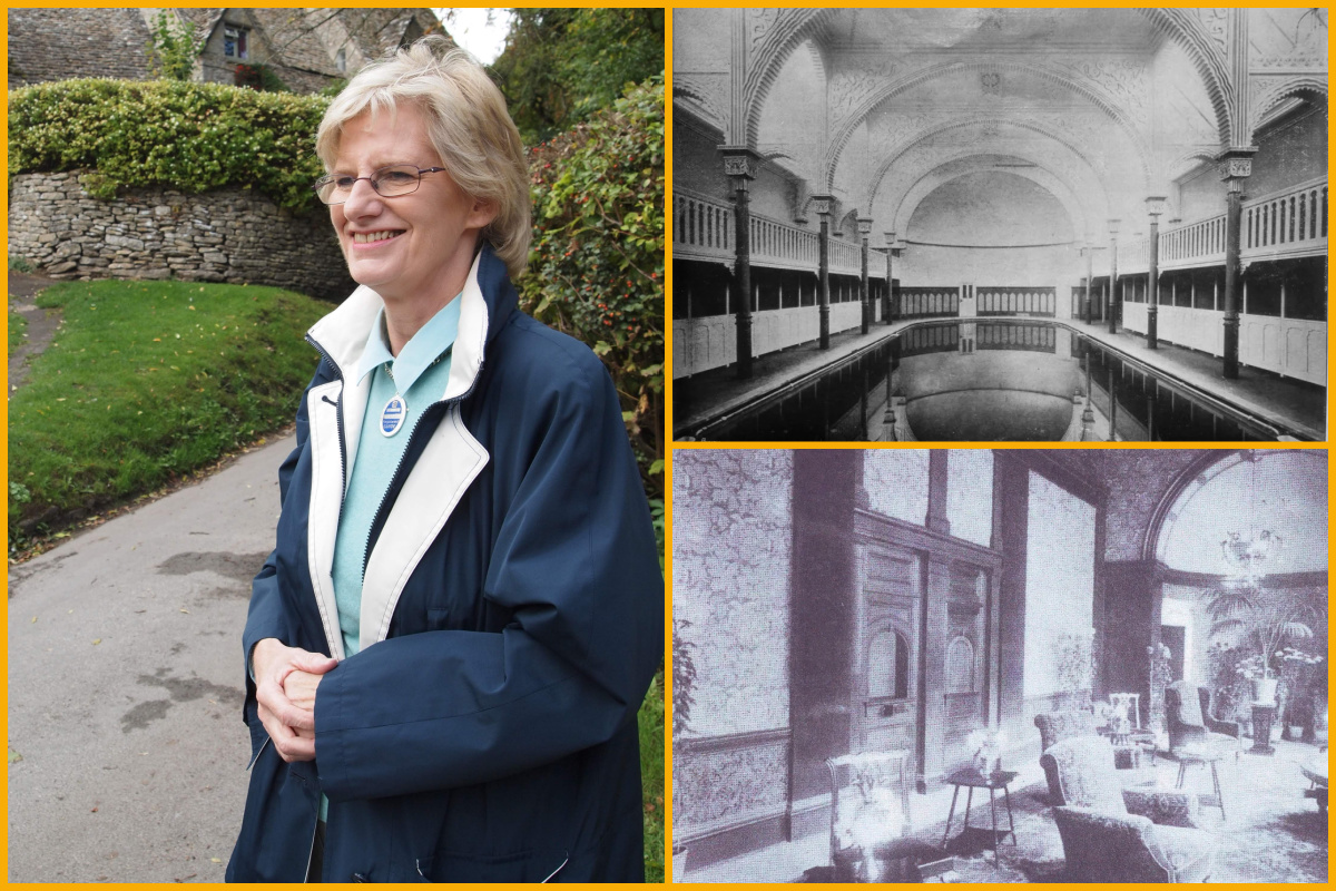 A collage of images of Anne Bartlett, the main swimming bath in 1900 and the reception/waiting room in 1900. Images of the bath and reception room in 1900 by HeritageCheltPlayhouse.co.uk